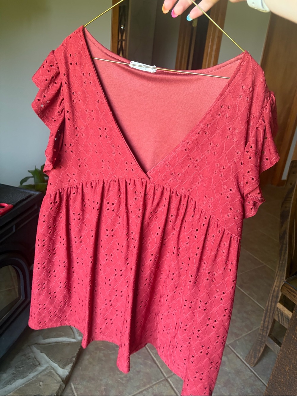entro Coral Eyelet V-Neck Babydoll Top